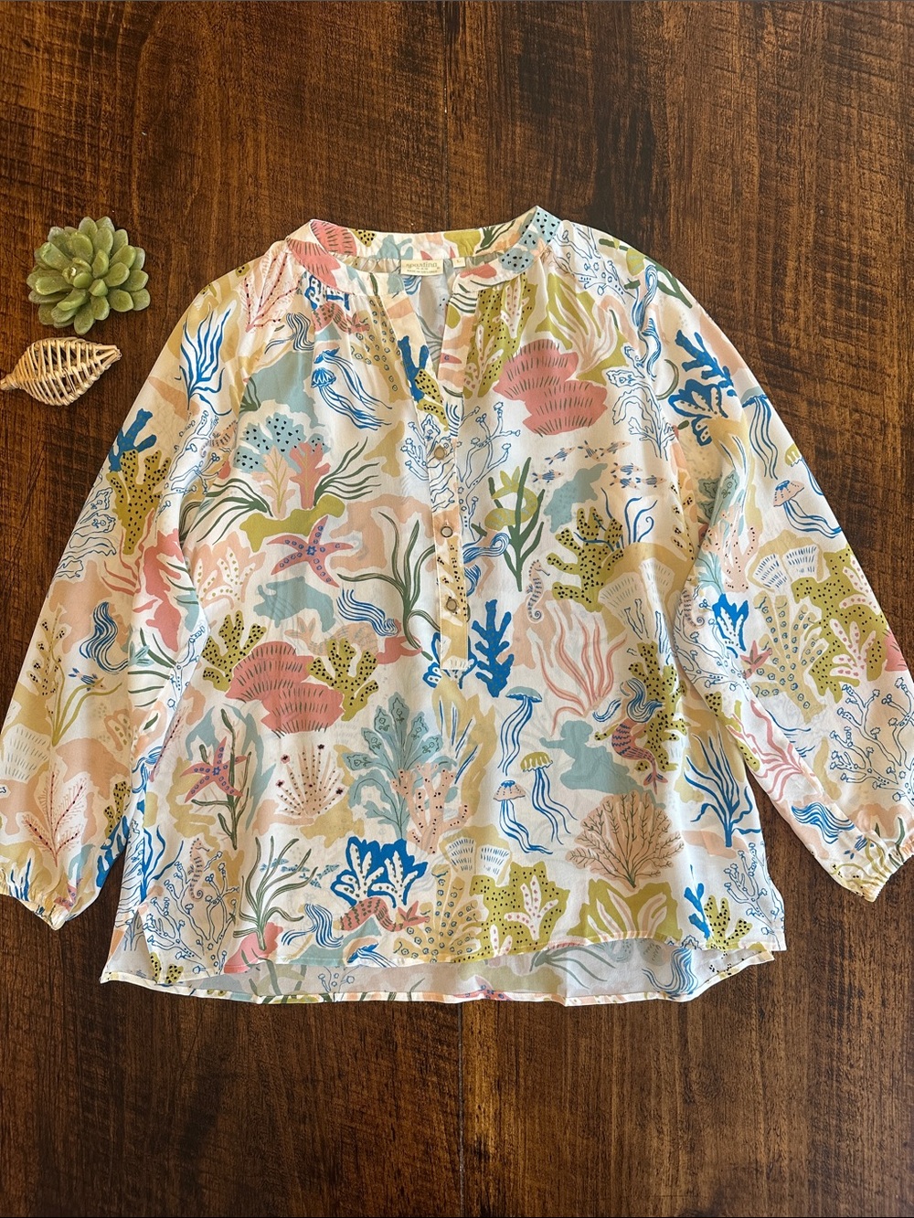 Spartina | 100% Silk Novelty Print Blouse, Whimsical Nautical, NWOT, Size L